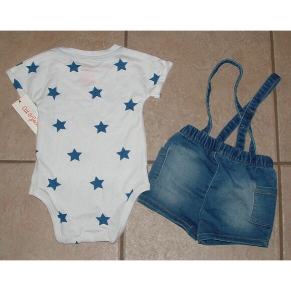 NEW NWT Boys Sz 18 Months Blue Star Bodysuit & Denim Suspender Shorts 2 Pc Set - Picture 2 of 4